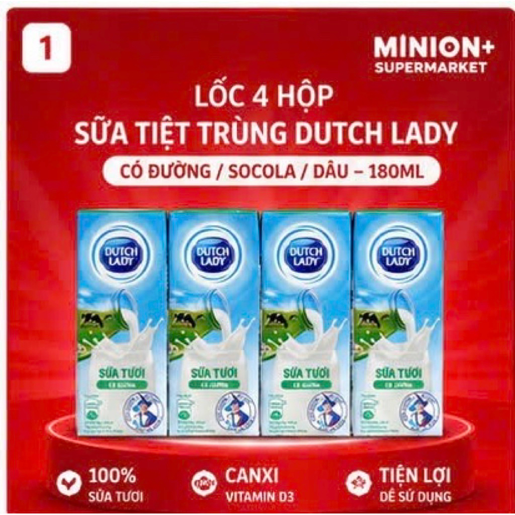 uống dinh dưỡng tiện lợi thơm ngon  Sữa Tiệt Trùng Dutch Lady 180ml Lốc 4 Hộp Có Đường, Socola, Dâu 