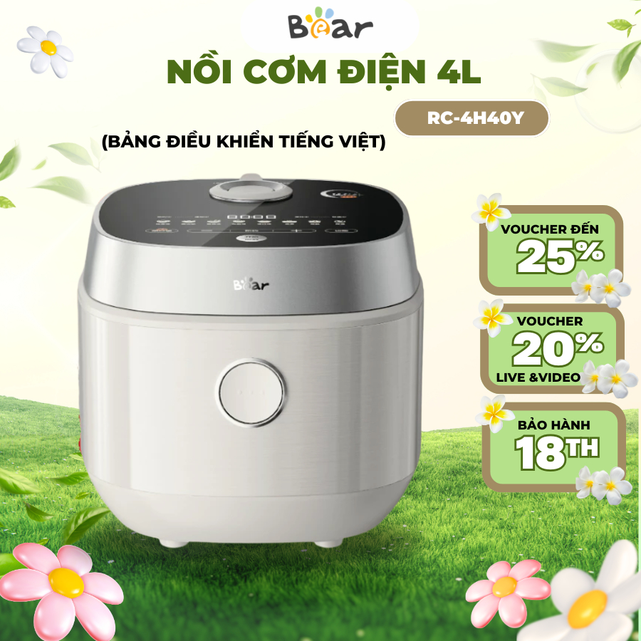 Nồi cơm điện Bear 4L RC-4H40Y (DFB-J40Q5), 8 Chế độ, Lõi nồi gang chống dính giữ nhiệt, BH 18 Tháng
