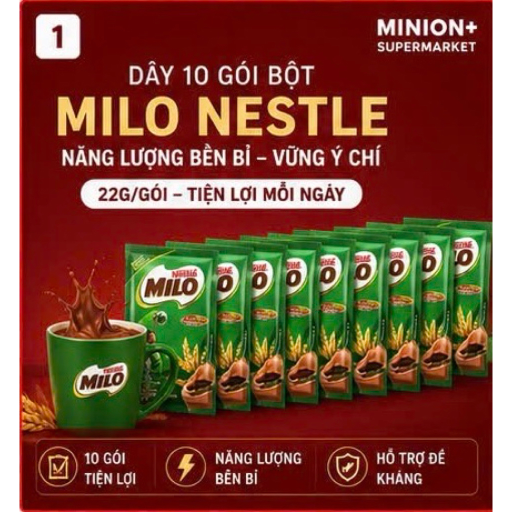 Bột Milo Nestlé 22g Dây 10 Gói | Thức Uống Lúa Mạch Socola Hòa Tan | Nestlé Milo | Bổ Sung Năng Lượn