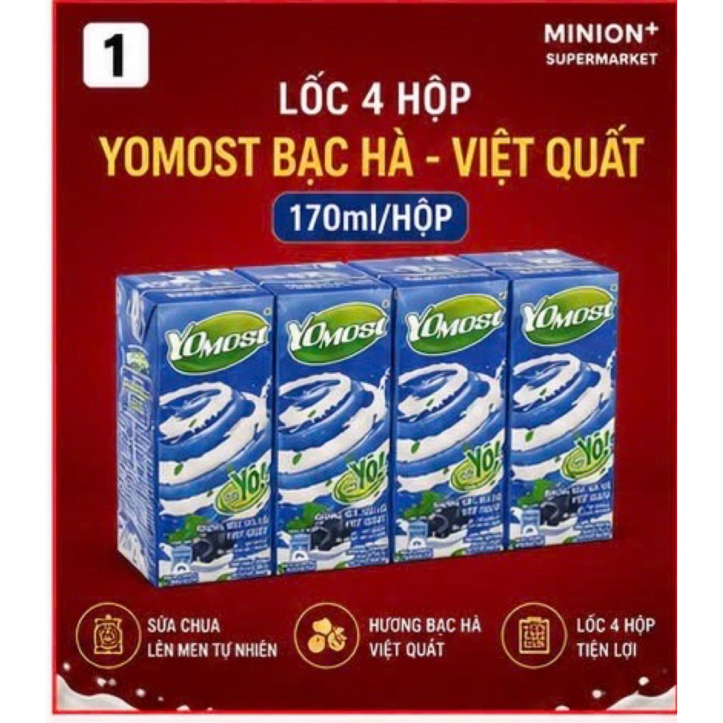 Sữa Chua Uống Yomost Bạc Hà Việt Quất 170ml Lốc 4 Hộp | Yomost | Bổ Sung Dinh Dưỡng, Giải Khát | Lên