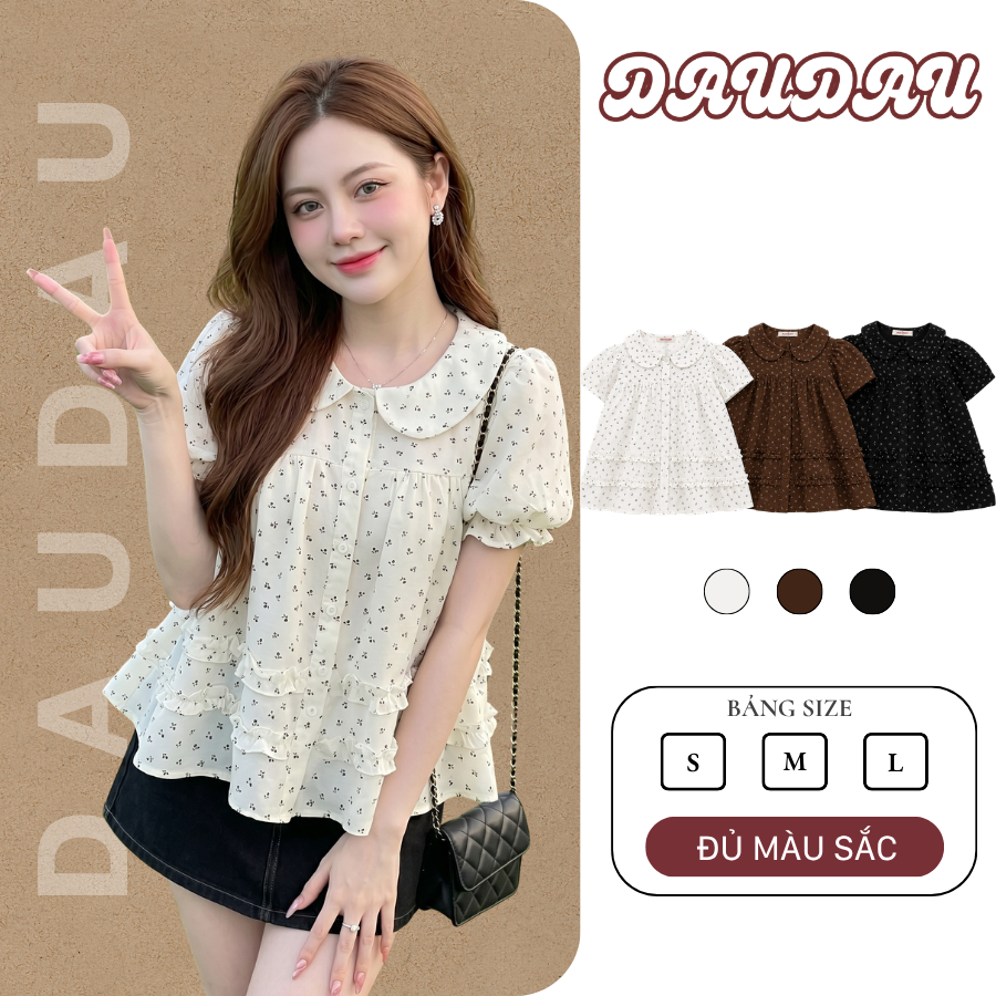 Áo Babydoll Hoa Nhí Cổ Sen Phối Bèo Tay Phồng Hàn Quốc, Áo Hoa Nhí Babydoll Cổ Sen Phối Bèo Vintage 