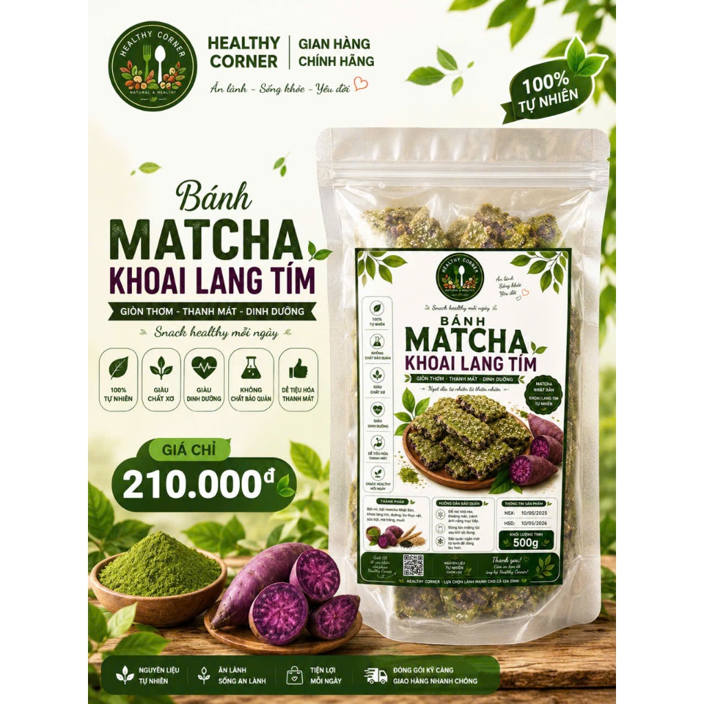 Bánh Matcha Khoai Lang Tím Healthy Corner 500g - Snack Healthy Giòn Thơm Giàu Chất Xơ