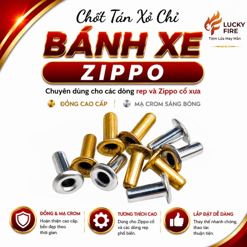 Chốt tán rỗng bánh xe xỏ chỉ Zippo, chất liệu đồng và mạ crom (FLINT WHEEL RIVET FOR 1935, 1937, 194