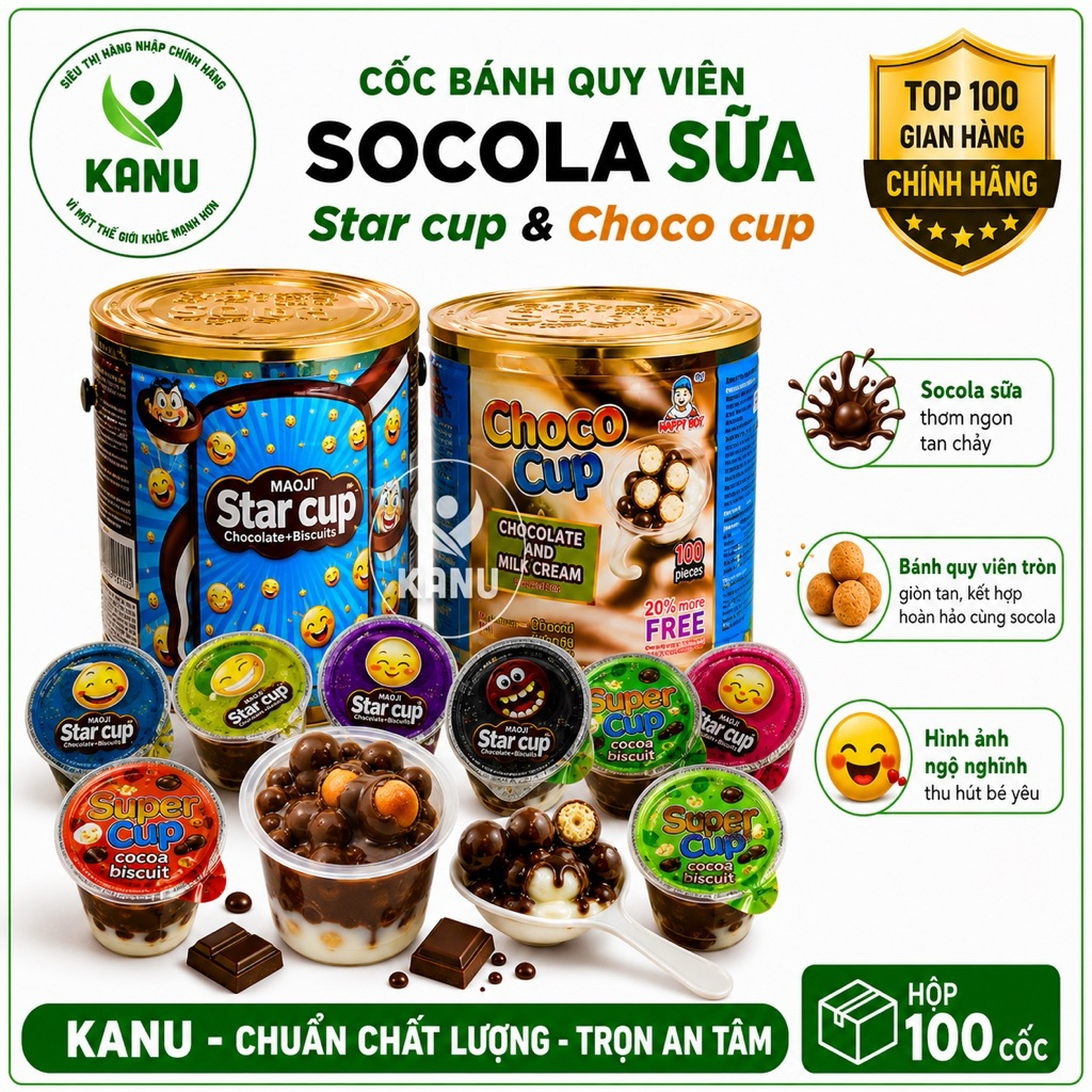[Hộp 100 cốc] Bánh quy viên chấm socola Star Cup & Choco cup, sô cô la, chocolate ăn vặt ngon rẻ