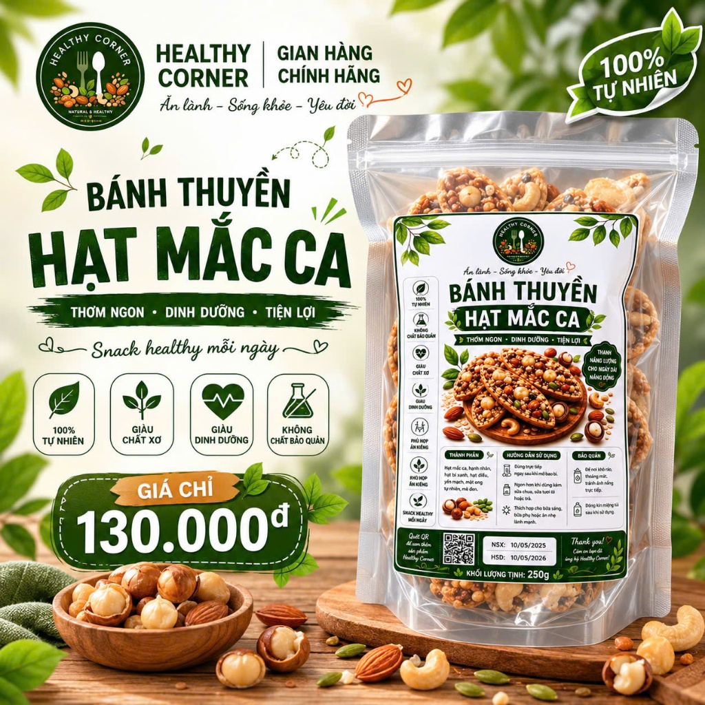 Bánh Thuyền Hạt Macca Healthy Corner 250g | Snack Healthy Giàu Dinh Dưỡng, Ăn Vặt Lành Mạnh