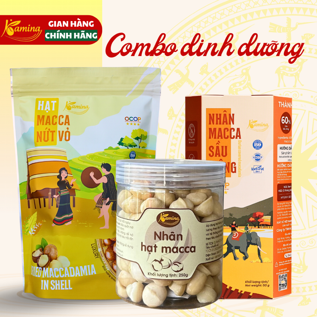 Combo 3 món Kamina - Hạt Macca nứt vỏ size M - Nhân macca tách vỏ - Nhân macca mix sầu riêng sấy