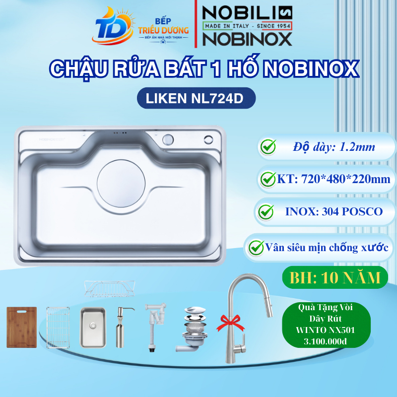 { TẶNG VÒI DÂY RÚT }  CHẬU RỬA BÁT 1 HỐ NOBINOX LIKEN NL724D inox 304 vân siêu mịn chống xước