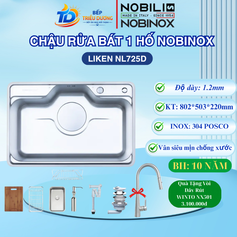 { TẶNG VÒI DÂY RÚT } CHẬU RỬA BÁT Nobinox LIKEN NL725D Sang trọng tiện nghi cho bếp hiện đại
