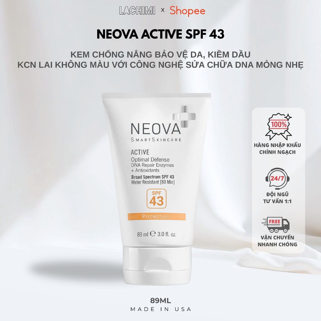 Neova 43 Kem chống nắng lai vật lý, KCN phổ rộng Neova Active SPF43 cho da nhạy cảm Lachimi 89ML