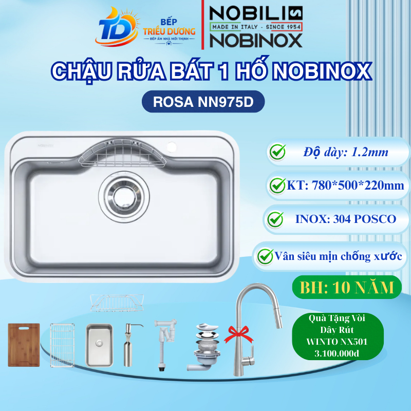 { TẶNG VÒI DÂY RÚT } CHẬU RỬA BÁT Nobinox ROSA NN975D Bề mặt Vân siêu mịn chống xước