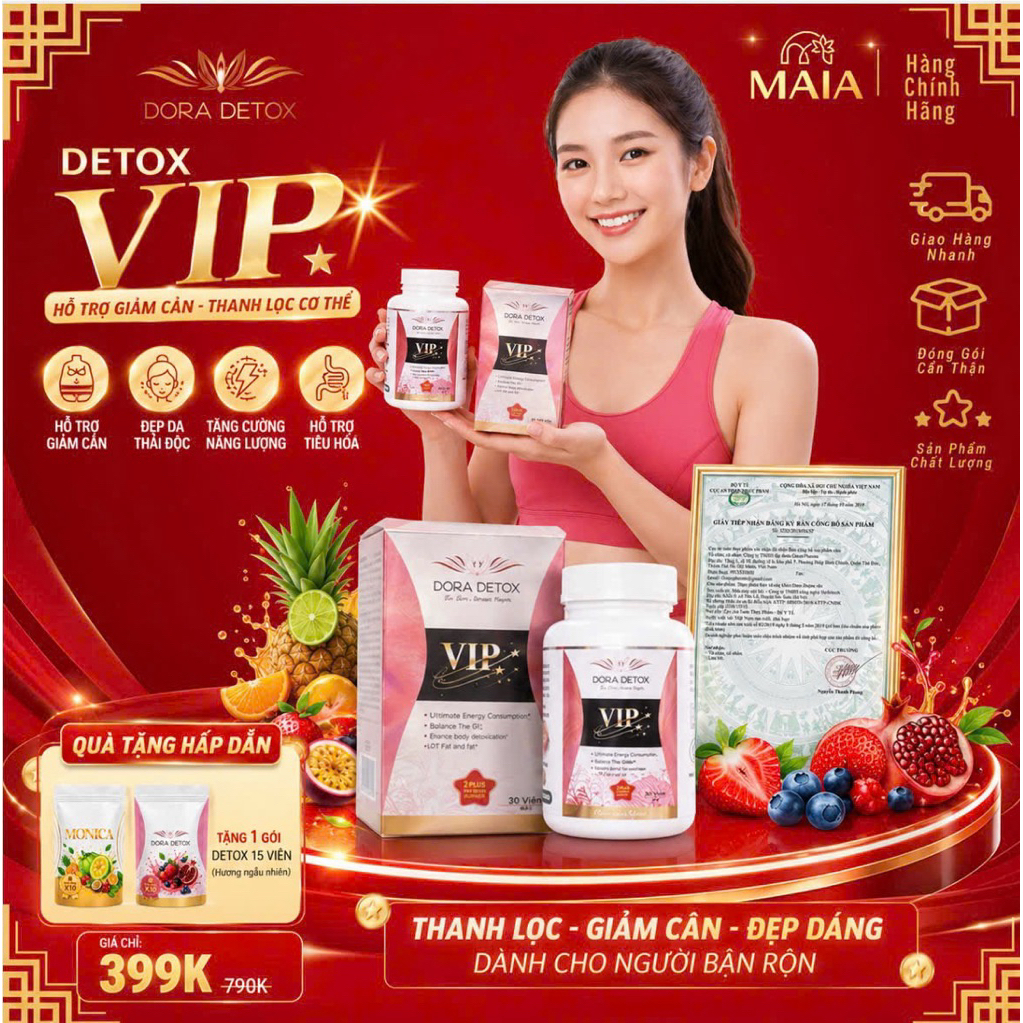 (Tặng kèm 15v Detox) Viên uống Dora detox  vip x2chộp 28 viên hỗ trợ giảm cân an toàn