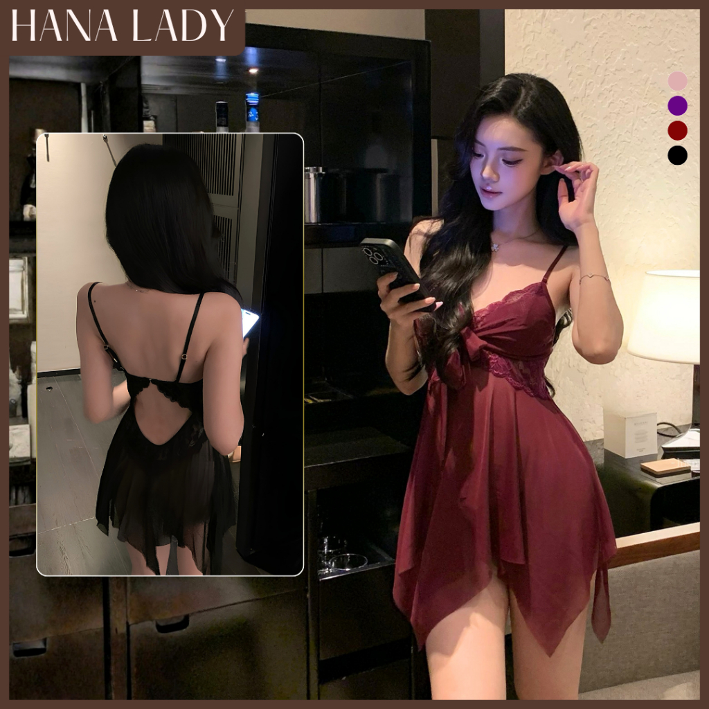 Váy Ngủ Ren Nữ, Đầm Ngủ Voan Mịn 2 Dây Dáng Xòe Thắt Nơ Vòng 1 HanaLady - V664