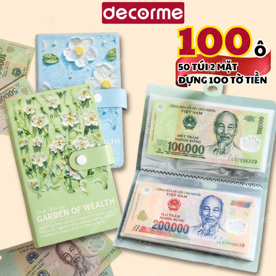 Sổ tiết kiệm 100 ô đựng tiền họa tiết hoa 3D độc đáo Decorme album tiết kiệm cúc bấm sổ lưu trữ stic