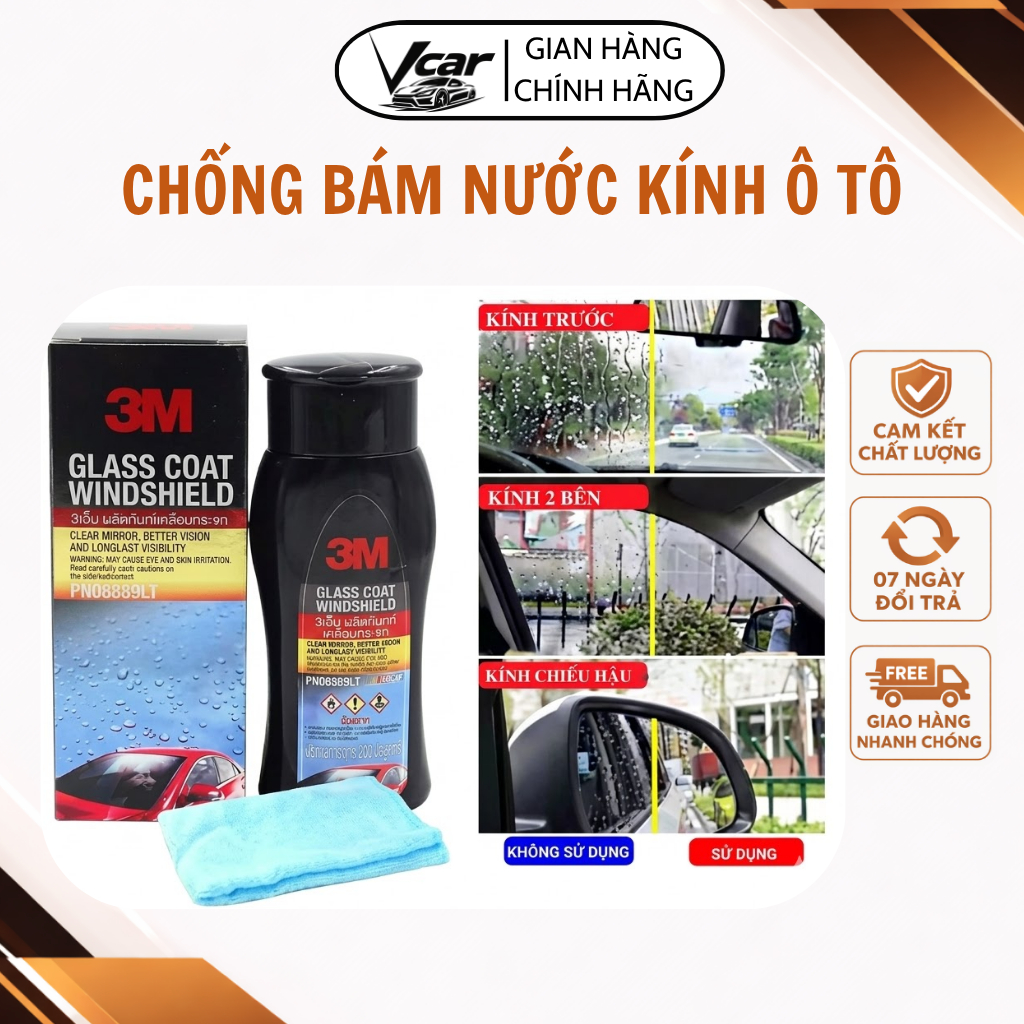 Chai Phủ Kính 3M Glass Coat Windshield 200ml, Hỗ Trợ Hạn Chế Bám Nước Kính Xe PN08889LT - Vcar Auto