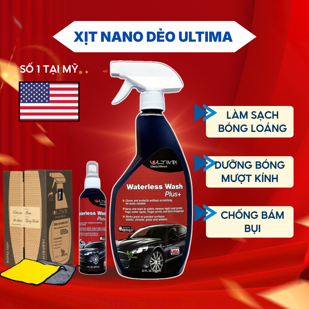 Xịt Nano Dẻo Ultima Waterless Wash Cao Cấp Vệ Sinh & Bảo Vệ Kính Xe, Phủ Nano Chống Xước Chống Bụi
