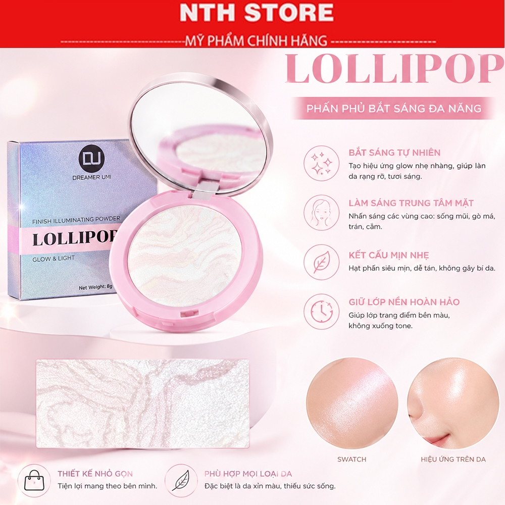Phấn Phủ Nén DREAMER UMI LOLLIPOP Powder Làm Sáng Trung Tâm Mặt, Tự Nhiên- Fullsize 8g