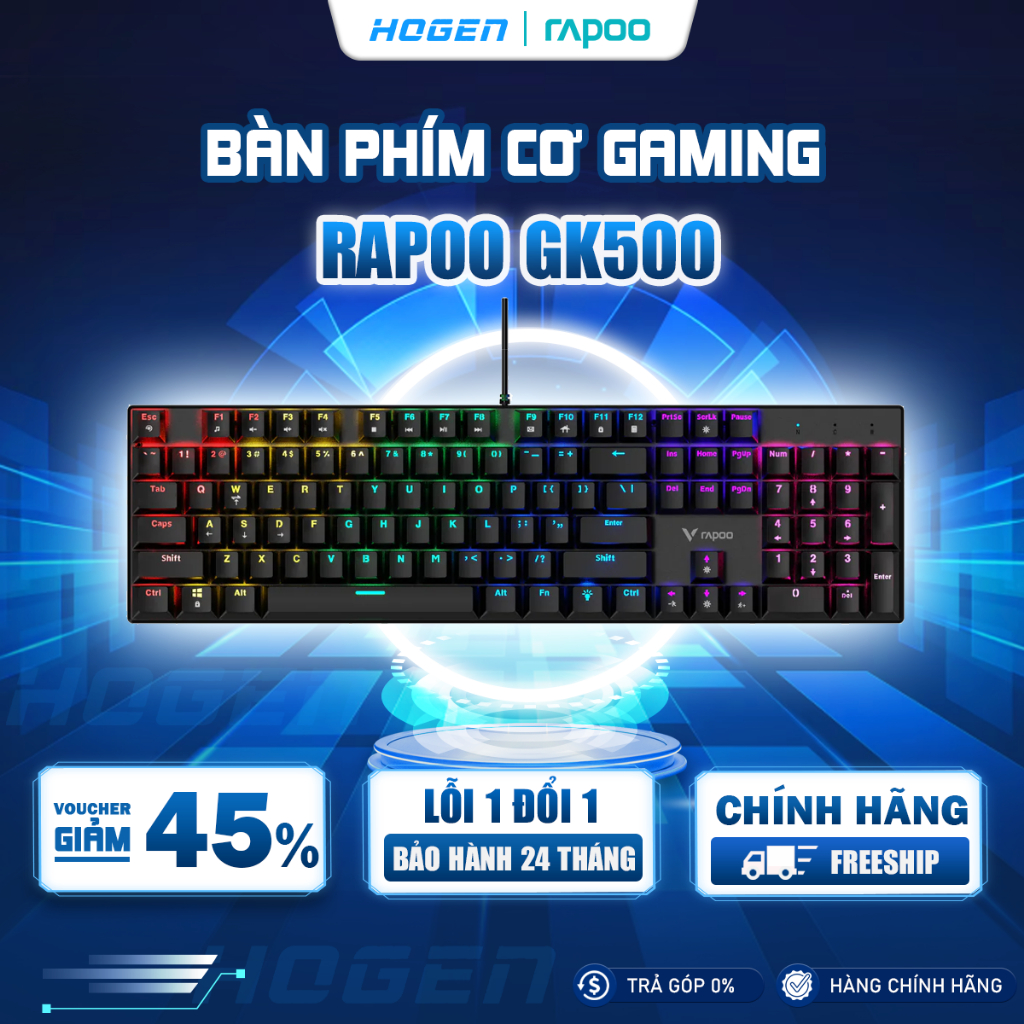 Bàn Phím Cơ Gaming Rapoo GK500 | Đèn RGB | Full Size | Chống Chàn nước | Bảo Hành 24 Tháng