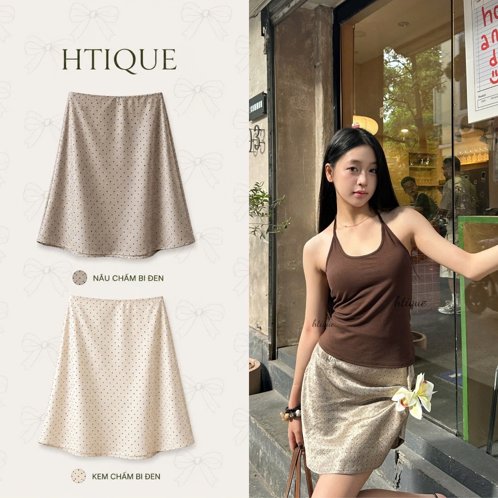 HTIQUE - Chân Váy Satin Chấm Bi Vintage, Chân Váy Midi Chấm Bi Phong Cách Pháp V08