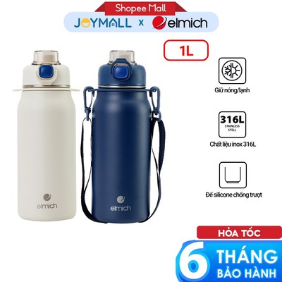 Bình giữ nhiệt inox 316 Elmich EL8331 1L, Hàng chính hãng, kèm ống hút silicone, có dây đeo -JoyMall