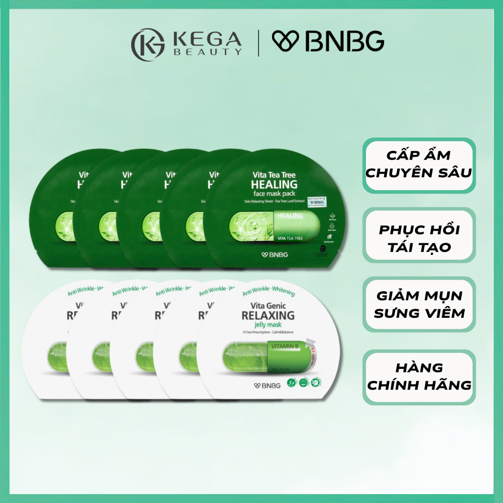 Combo Mix 10 Miếng Mặt Nạ BNBG Tràm Trà Và BNBG Vita Genic Xanh Lá Phục Hồi Da Dầu Mụn Chính Hãng