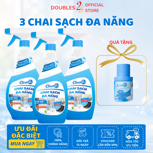 3 Chai Sạch Đa Năng Cleanz 450mL tẩy toilet, bếp, tặng 1 cốc bồn cầu | DOUBLES 2SSHOP