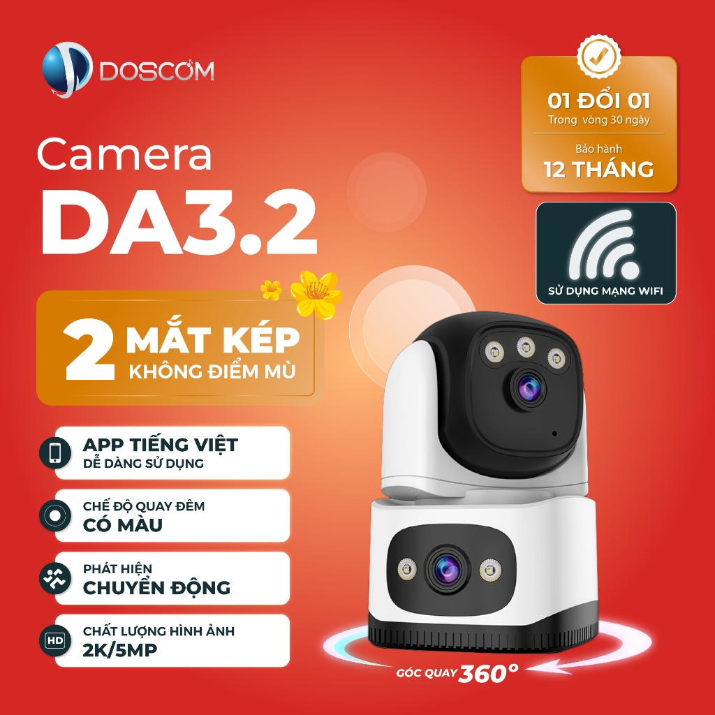 Camera Wifi 2 Mắt Trong Nhà Doscom DA3.2 - Camera Kép Siêu Nét 6MP Giám Sát 360 Độ