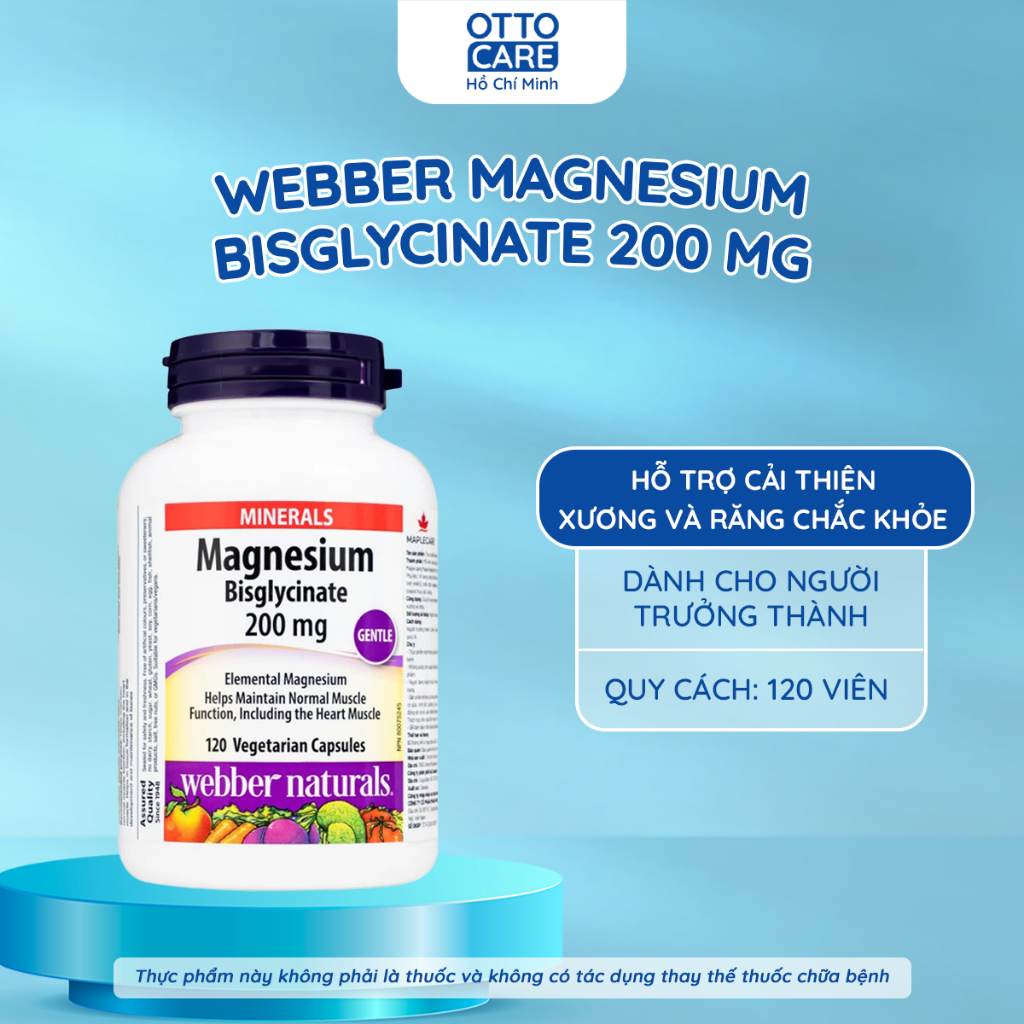Magnesium Bisglycinate 200mg Webber Naturals - Magie bisglycinate Hỗ trợ cải thiện sự chắc khỏe của 