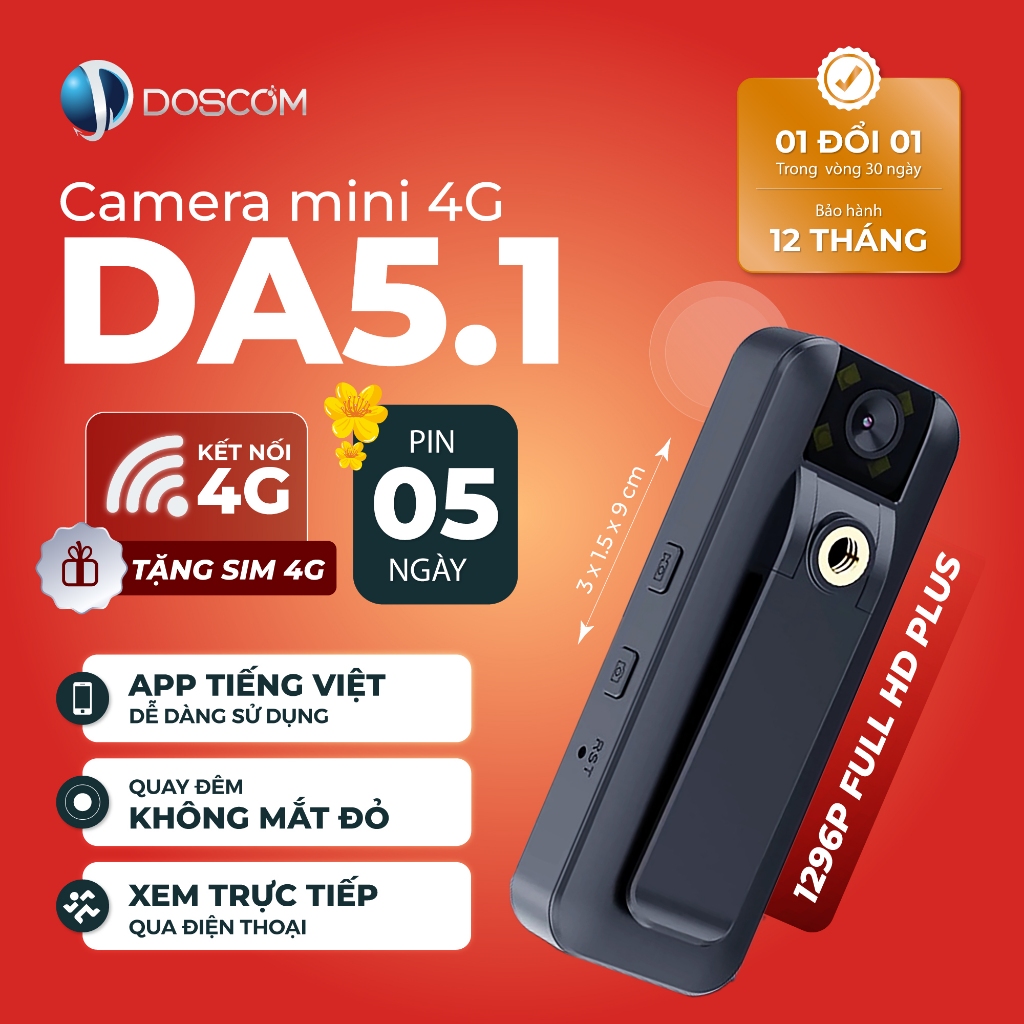 {Tặng Sim 4G} Camera 4G Mini Doscom DA-5.1 Full HD, Camera cài áo  Xem Từ Xa Qua Điện Thoại