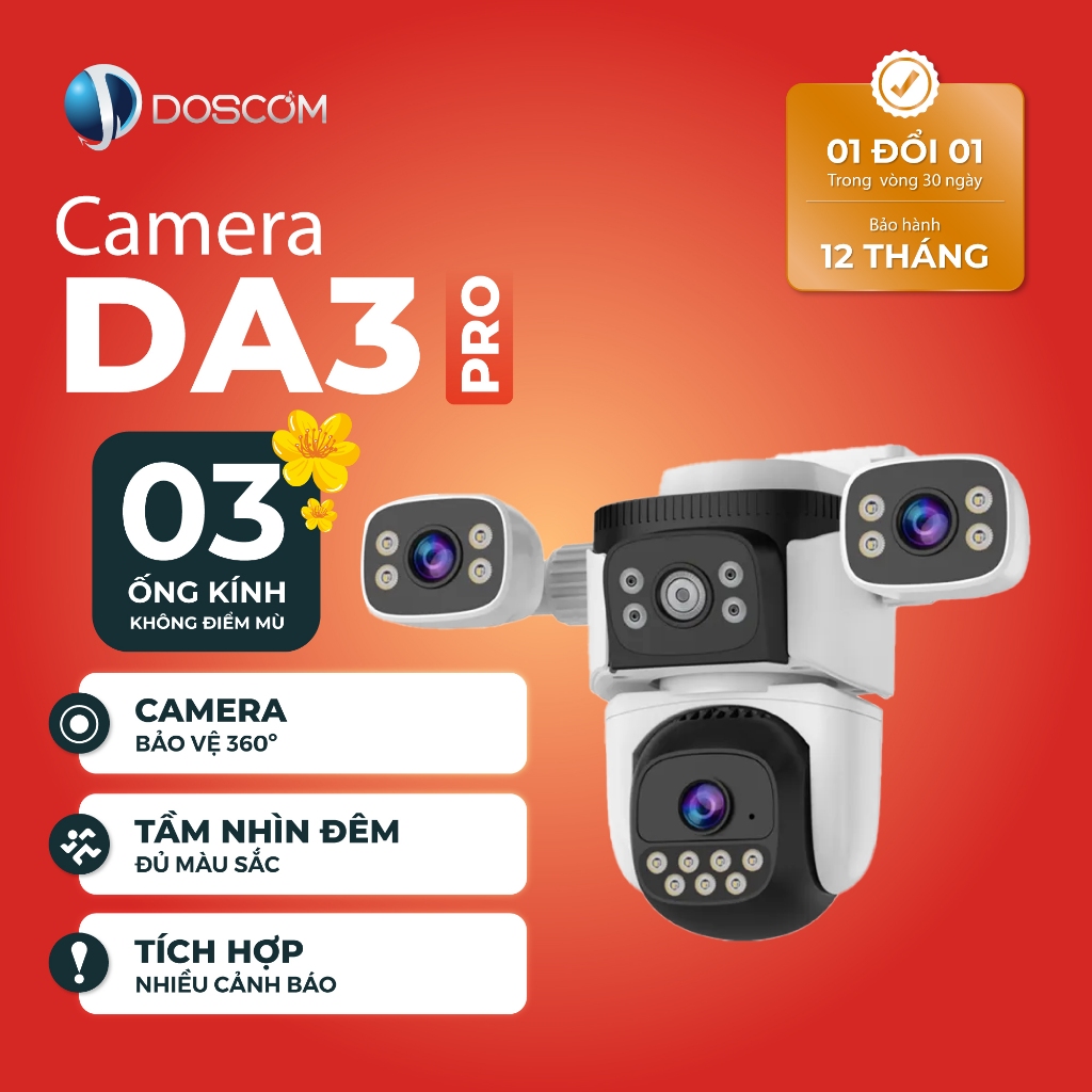 Camera Wifi Ngoài Trời 3 Mắt Doscom DA3 Pro Giám Sát An Ninh, Góc Quay Rộng 360 , Đàm Thoại 2 Chiều