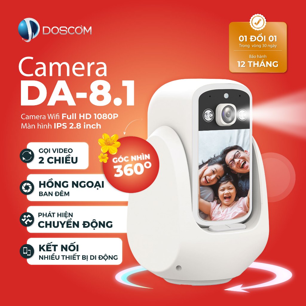 Camera Wifi Doscom DA8.1 Gọi Video 2 Chiều Màn Hình 2.8 Inch, Full HD, camera trong nhà cho gia đình