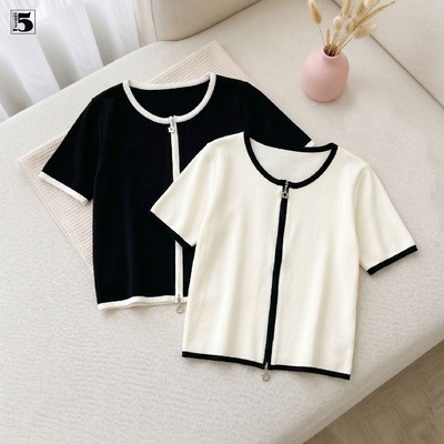 Áo len mongtoghi nữ Twentyfive ngắn tay, dáng cổ tròn, phối viền màu 6842
