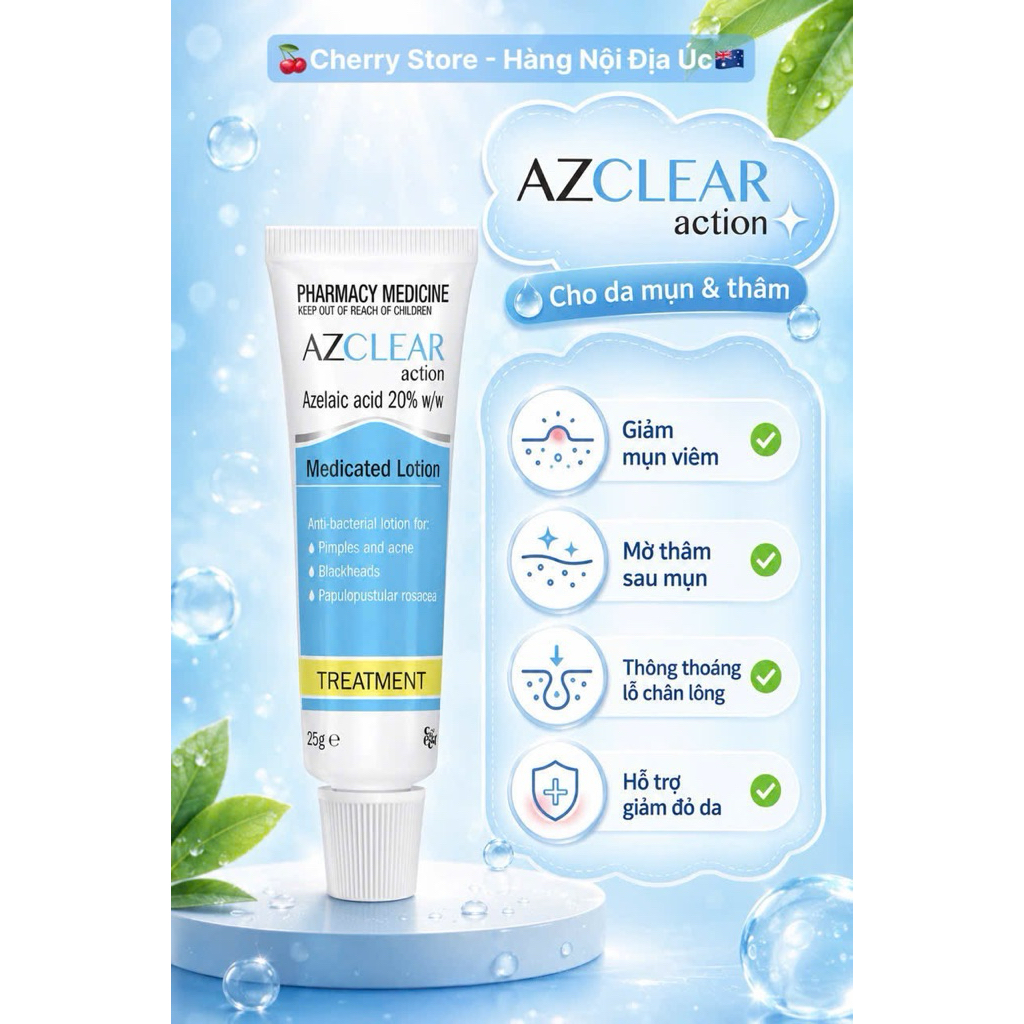[Chính Hãng] Kem Giảm Mụn Mờ Thâm Azclear Action Azelaic Acid 20% 25g (Đủ Bill Úc)