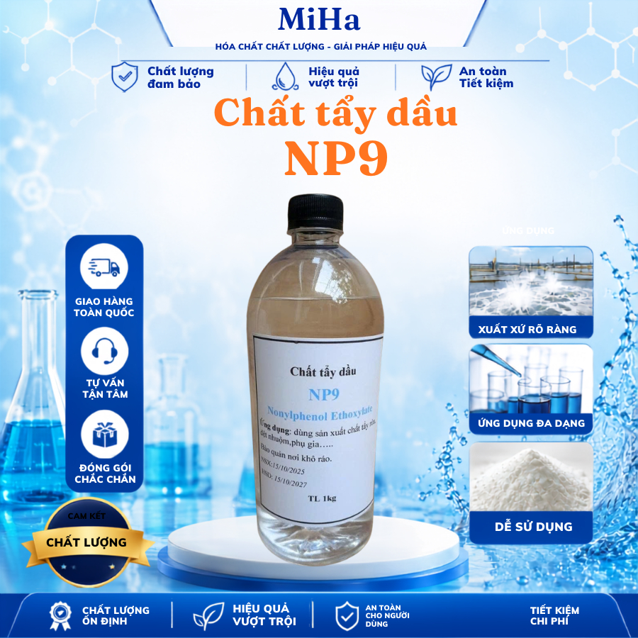 Chất tẩy dầu NP9- 1kg. Dùng sản xuất chất tẩy rửa, dệt nhuộm, phụ gia,...