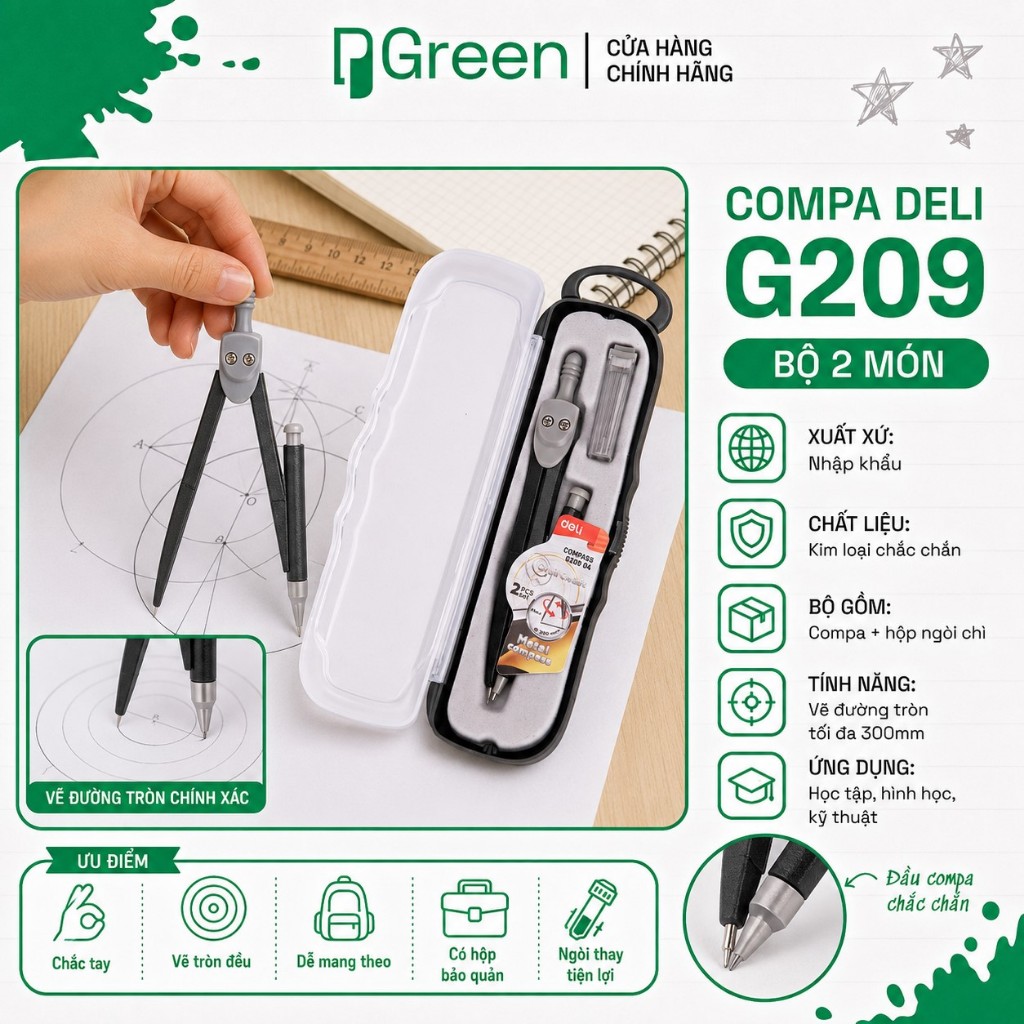 Bộ Compa Deli G209 Orbit Classic – Compa kim loại kèm chì kim, vẽ đường tròn đến 28cm | PGREEN
