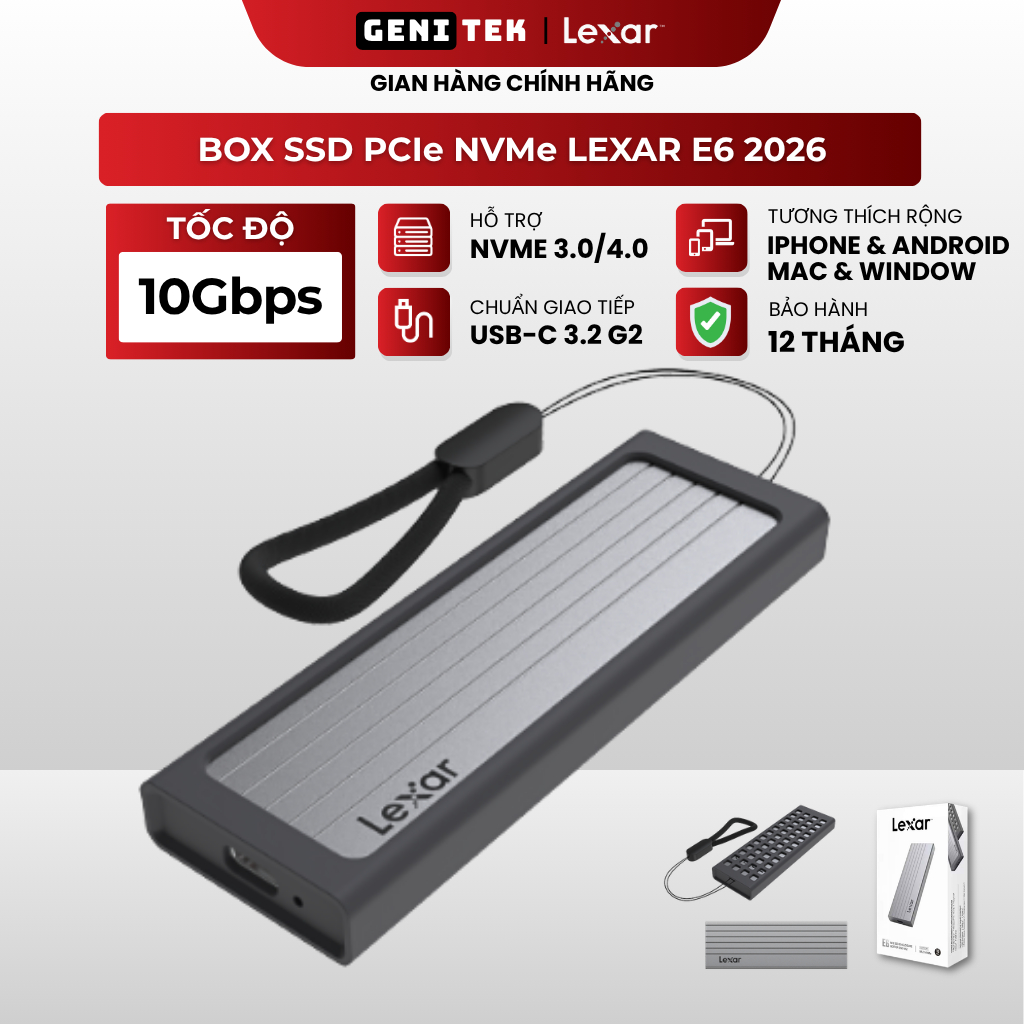 Box SSD di động Lexar E6 M.2 PCIe NVMe 4.0 10Gbps Type-C Bản mới nhất sản xuất 2026 Chính hãng Lexar
