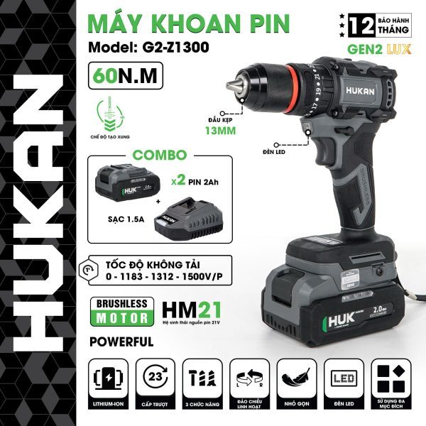 HUKAN - Máy khoan pin 13mm (GEN2 LUX) G2-Z1300 Chính Hãng