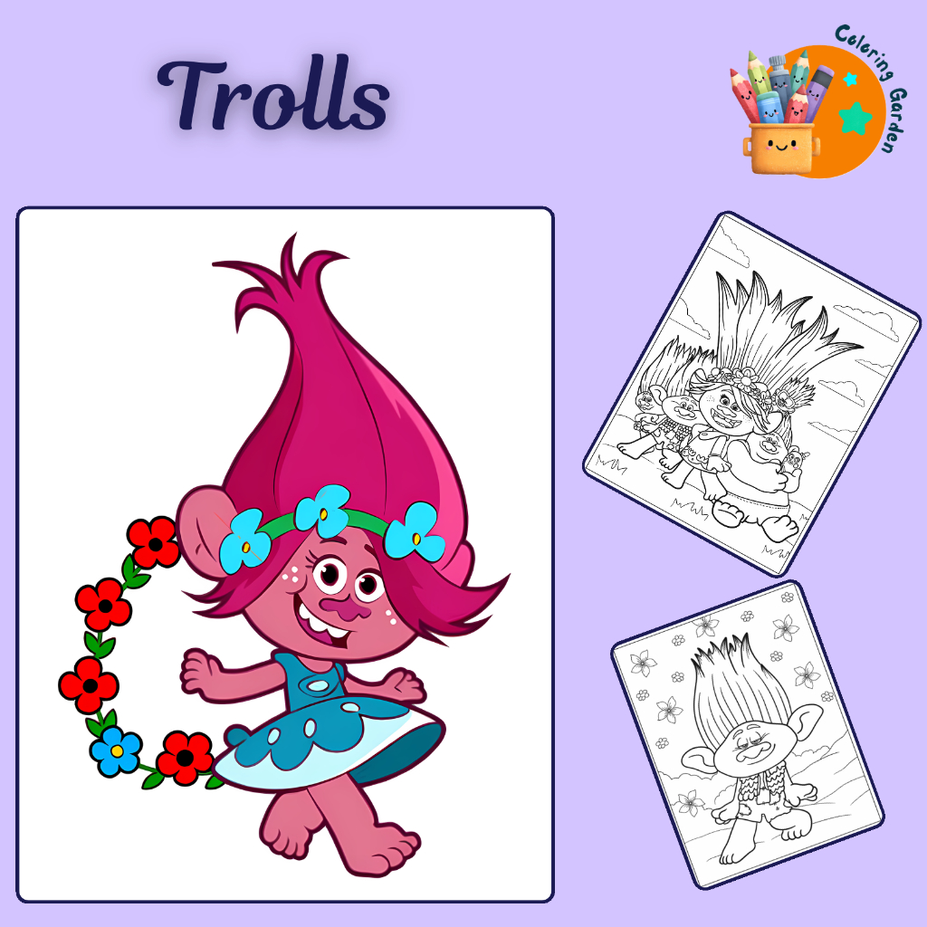 Set 50/25 tờ tranh tô màu, tranh tập tô cho bé hình Quỷ lùn tinh nghịch Trolls giấy A4, A5 T0383TL