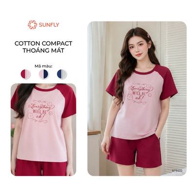 Đồ bộ mặc nhà nữ SUNFLY cotton compact co dãn tốt áo cộc quần sooc trẻ trung ST9412