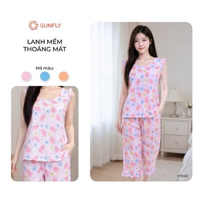 Đồ bộ mặc nhà nữ SUNFLY lanh nhẹ mát áo sát nách quần trên gối  họa tiết hoa nhẹ nhàng ST9415