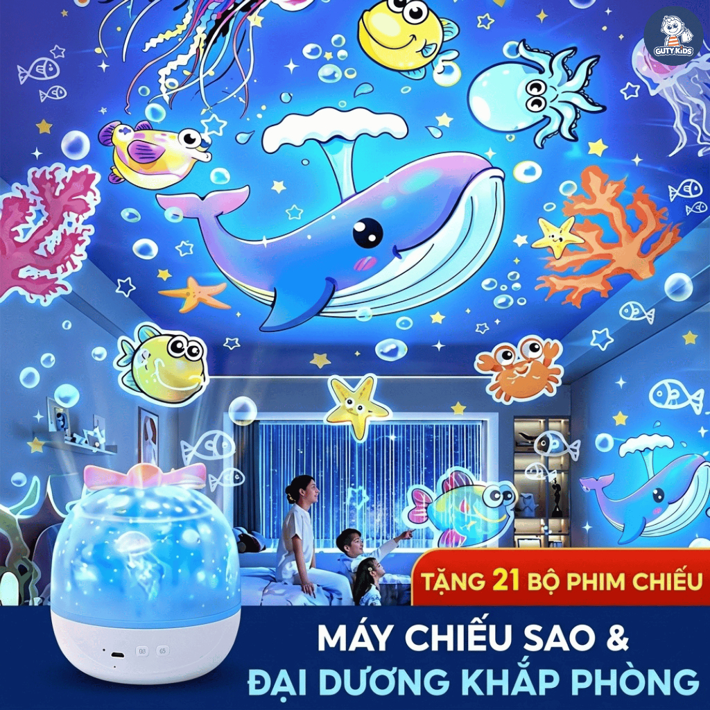 Đèn Ngủ Chiếu Sao GutyKids Có Loa Bluetooth Đèn Chiếu Trần 21 Hình Chiếu Xoay Tự Động Sạc USB