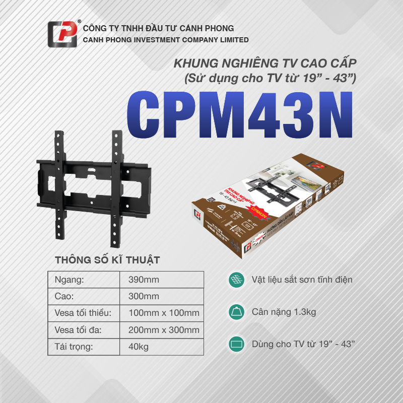 Giá treo Tivi Nghiêng (15 độ) Chính Hãng Cảnh Phong Cho TV 19-65 Inch Kèm Ốc Vít - CPM43N CPM56N