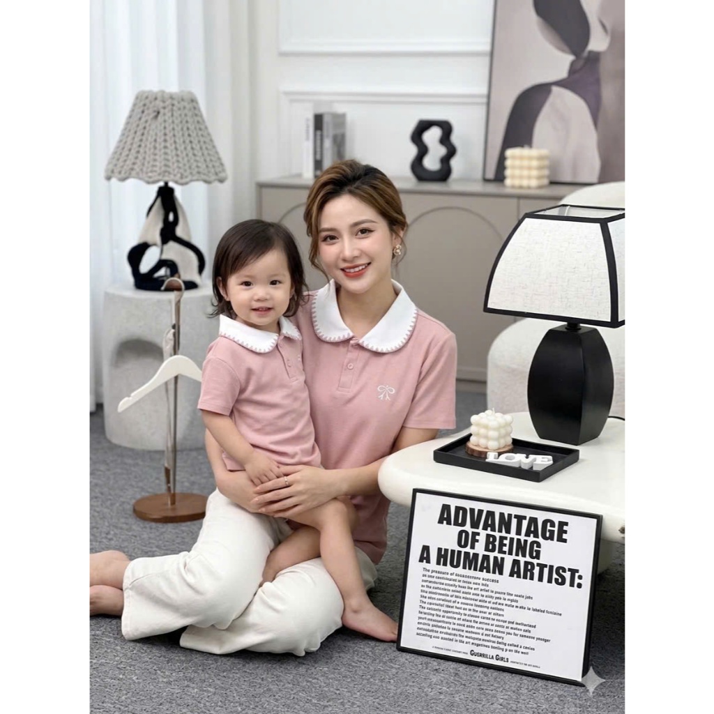 Mẹ Bé áo polo nữ thêu nơ cổ sen sang trọng cho mẹ đáng yêu cho bé. (B18)