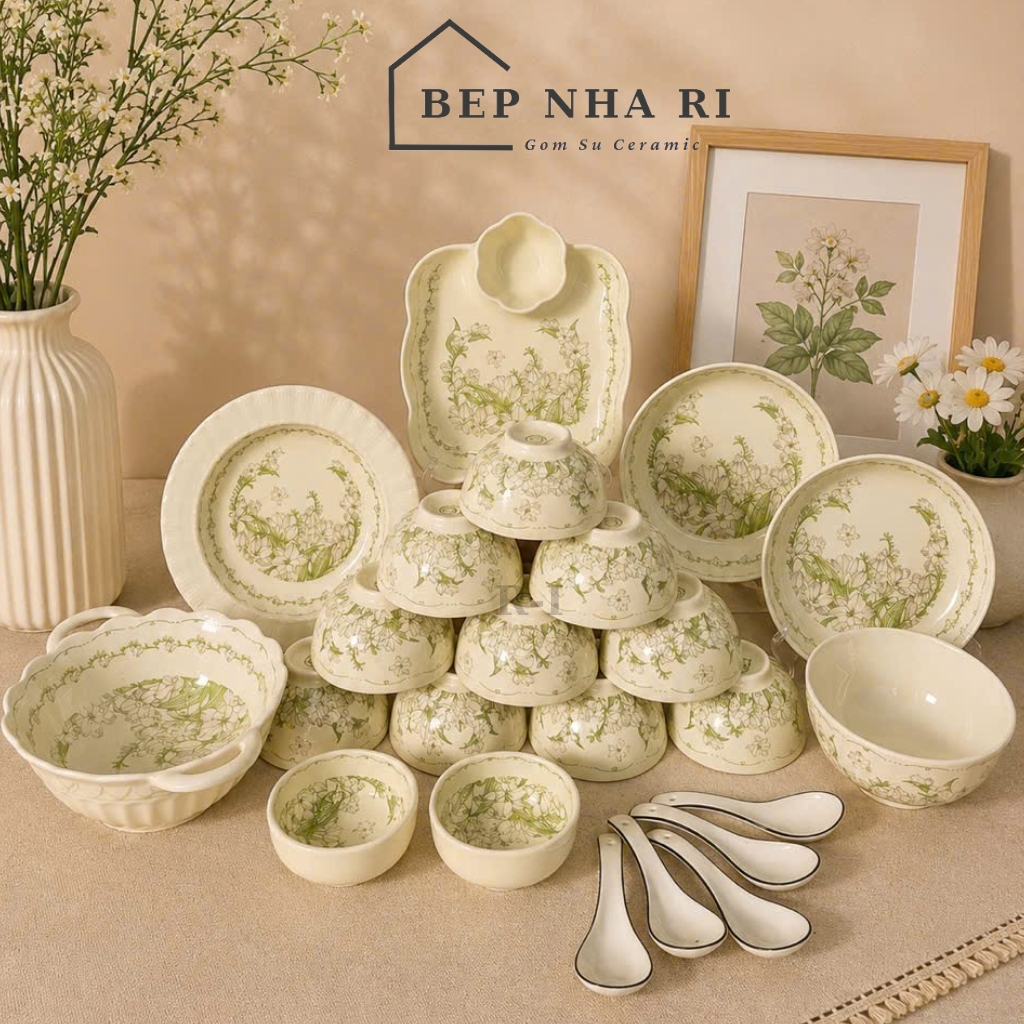 [ BepNhaRi ] Bộ Bát Đĩa Gốm Sứ Họa Tiết Hoa Dành Dành CƠ BẢN - Tone Xanh Pastel Nhẹ Nhàng, Thanh Lịch