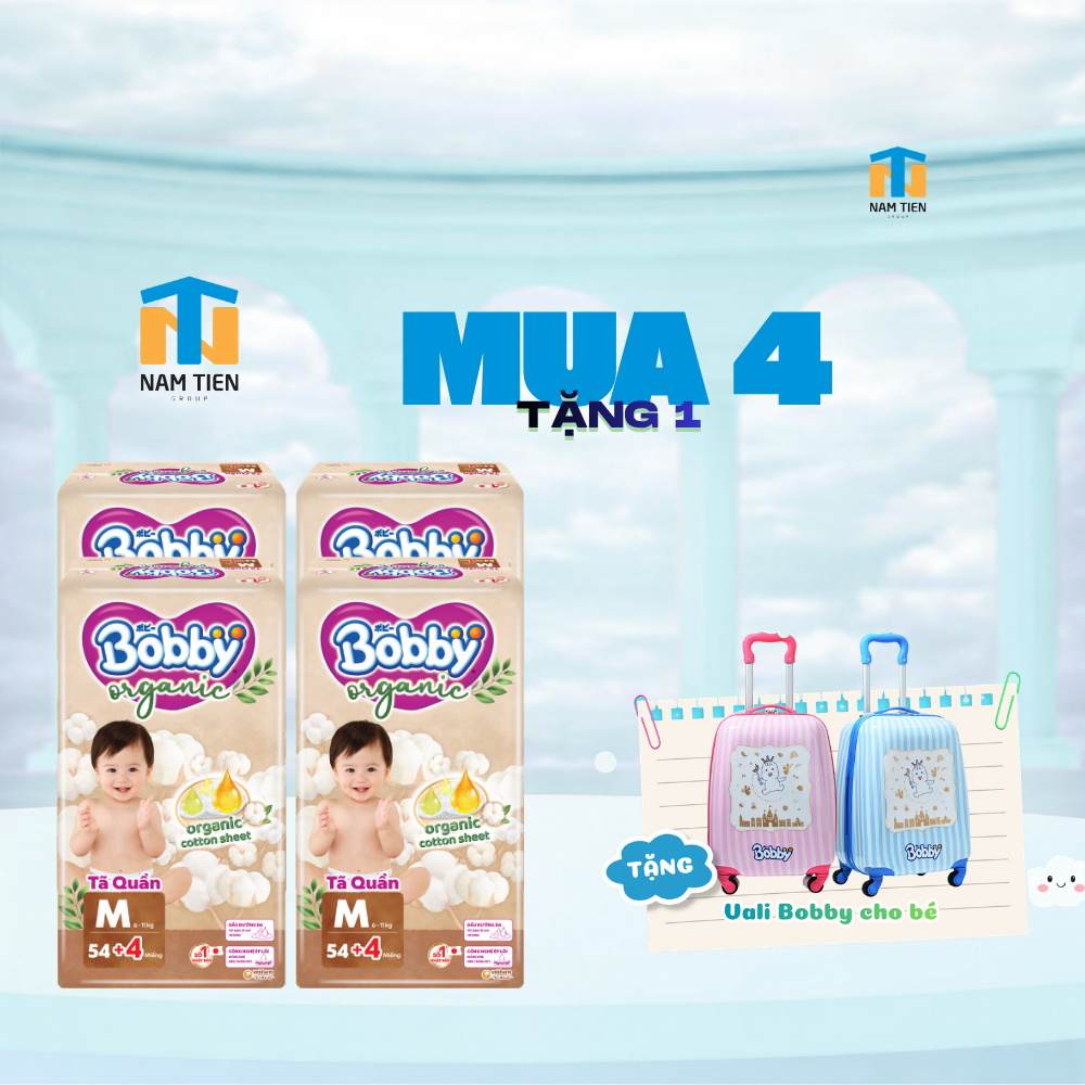 [MUA 4 TẶNG 1] Combo 4 gói Tã Quần cao cấp Bobby Organic Tặng 1 VALI