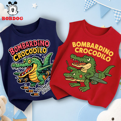Áo thun ba lỗ cho bé trai BOBDOG, đồ hè trẻ em cotton thoáng mát in hình BOMBARDING CROCODILO cho bé