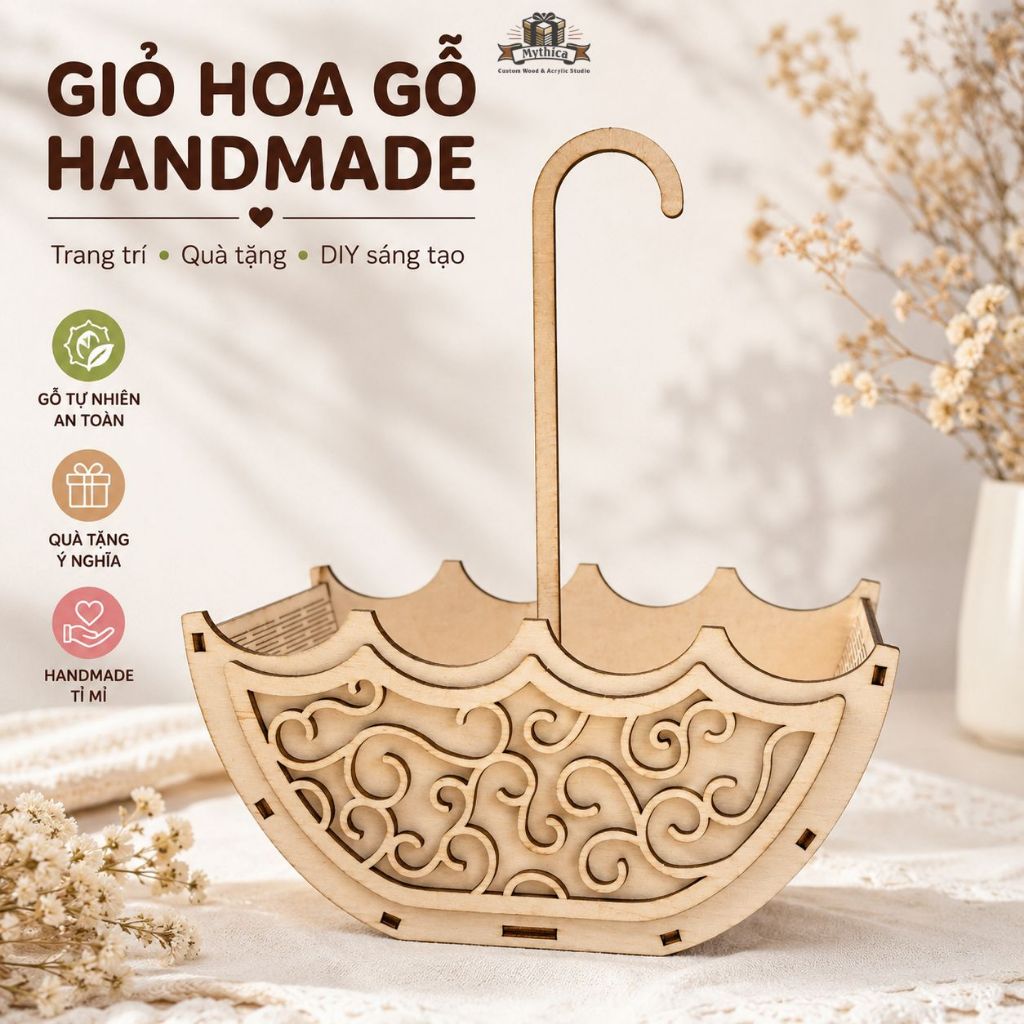 Giỏ Gỗ Plywood Cắm Hoa 20x10cm Cao Quai 23cm — ảnh listing minh họa