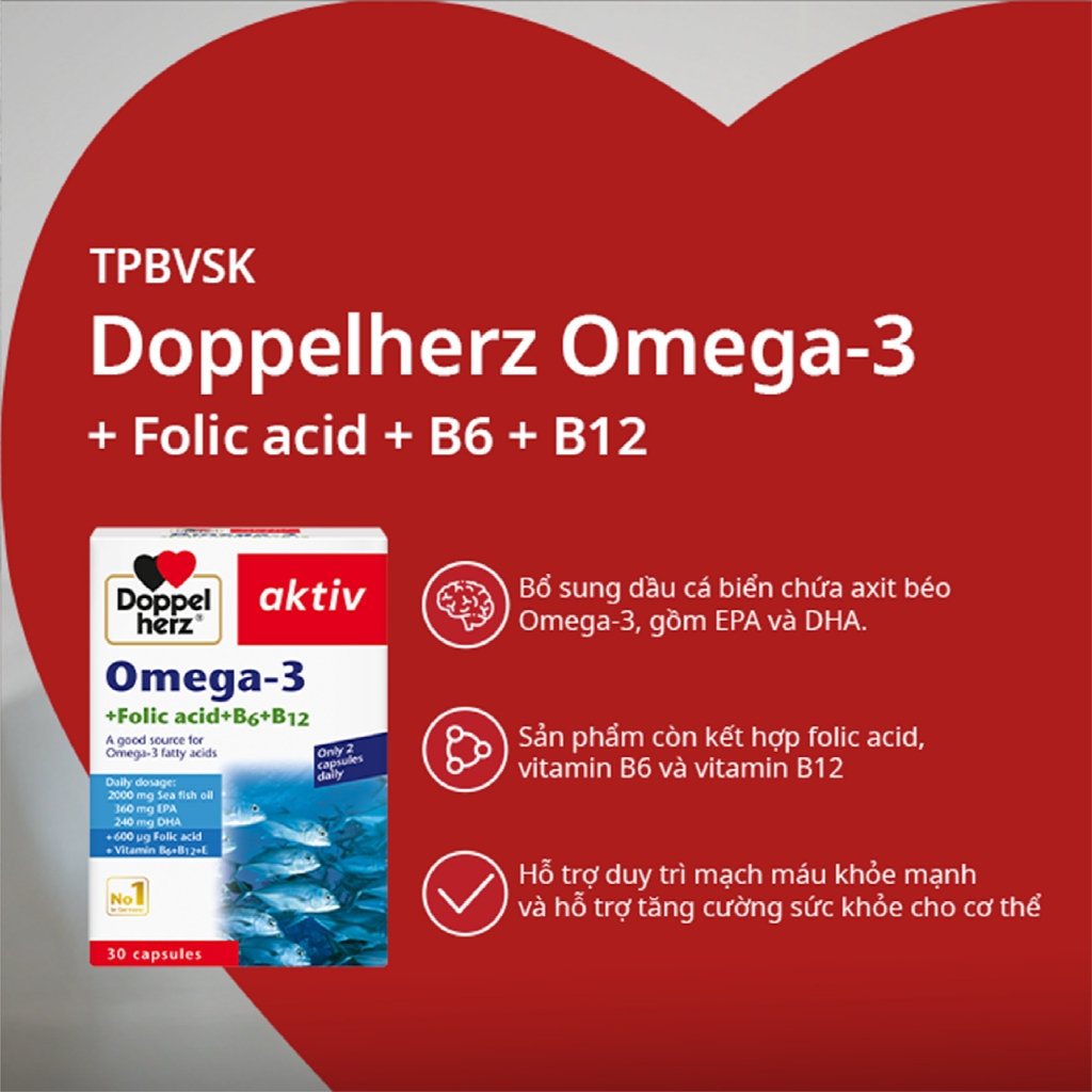 Viên dầu cá Doppelherz Omega 3 + Folic acid + B6 + B12 hỗ trợ tăng cường thị lực, tim mạch và não bộ (Hộp 30 viên) | BigBuy360 - bigbuy360.vn
