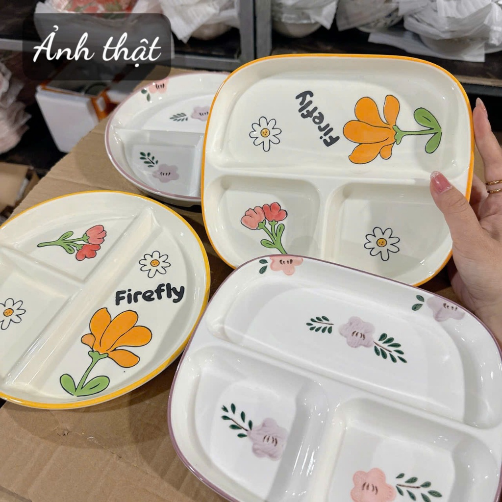 Khay sứ 3 ngăn, khay sứ ăn dặm chất liệu cao cấp, đĩa 3 ngăn decor màu cam, màu tím