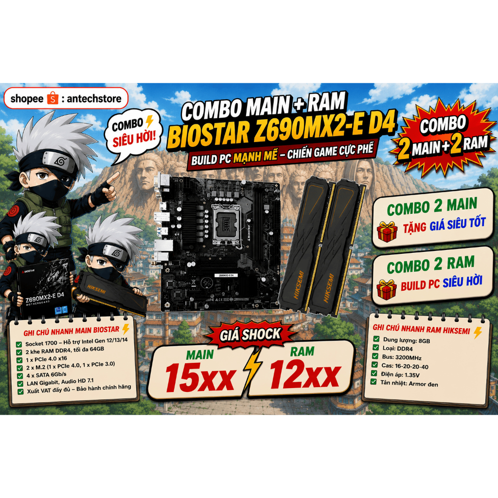 COMBO 2 MAIN BIOSTAR Z690MX2-E D4 +  2 RAM HIKSEMI Armor DDR4 3200Mhz 8GB GIÁ SHOCK - BH 3 NĂM CHÍNH