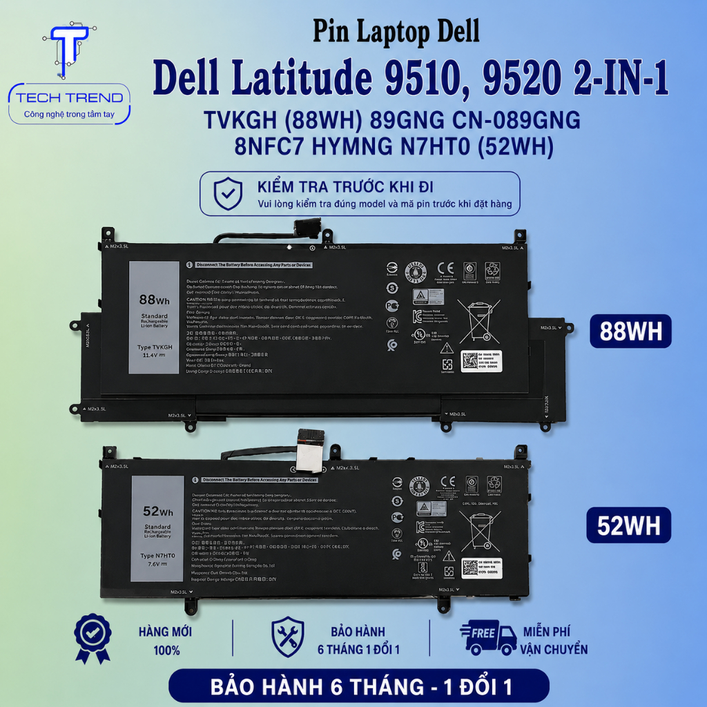 Pin laptop tương thích Dell Latitude 9510, 9520 2-IN-1 TVKGH (88WH) 89GNG CN-089GNG 8NFC7 HYMNG N7HT